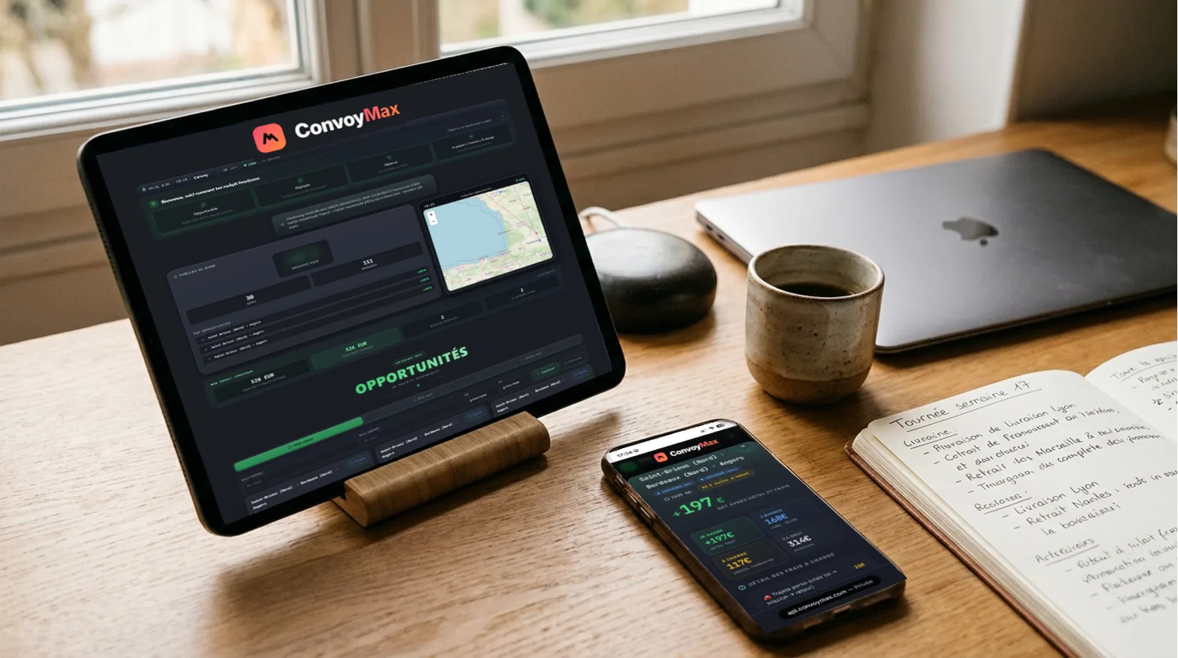 Cockpit ConvoyMax sur tablette et smartphone, posés sur un bureau bois avec MacBook fermé et carnet, scène lifestyle de gestion convoyage professionnelle