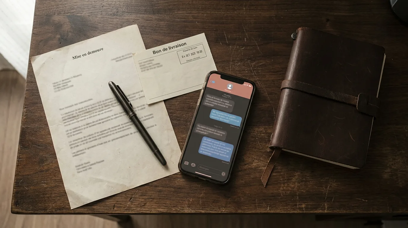 Bureau de convoyeur auto-entrepreneur avec smartphone affichant l'application ConvoyMax, papiers de comptabilité, stylo et carnet, scène de gestion administrative