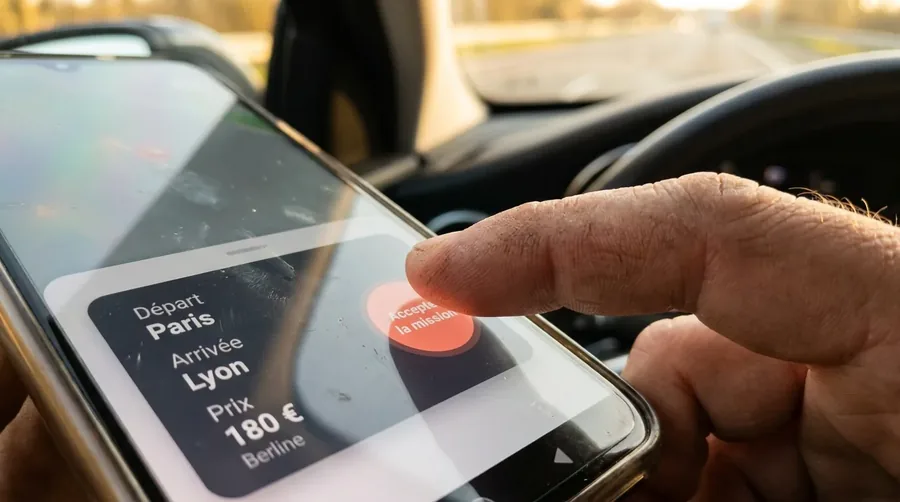 Convoyeur acceptant une mission depuis son smartphone, ouverture directe de l'application plateforme partenaire