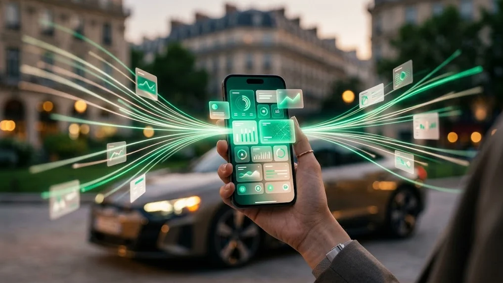 Main tenant un smartphone vers lequel convergent plusieurs flux lumineux verts et des cartes de données, rue parisienne en soirée, illustration de l'agrégation des missions de plusieurs plateformes