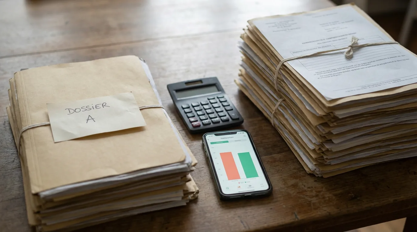 Comparaison entre dossier auto-entrepreneur et dossier EURL pour convoyeur avec calculatrice et smartphone d'analyse fiscale