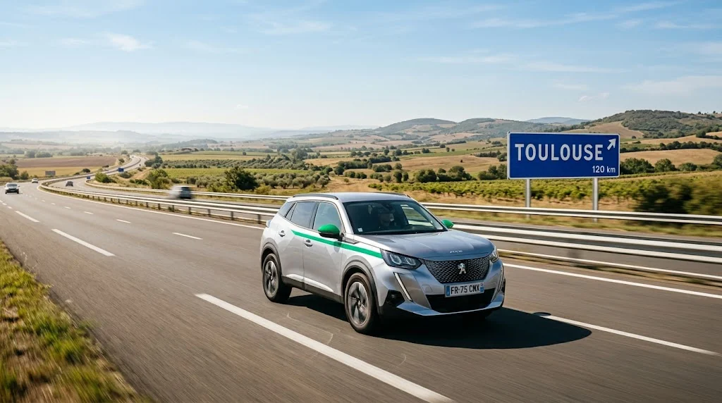 SUV gris convoye sur l'autoroute vers Toulouse, plaine ensoleillee d'Occitanie et panneau directionnel, illustration de l'axe de convoyage Lyon Toulouse