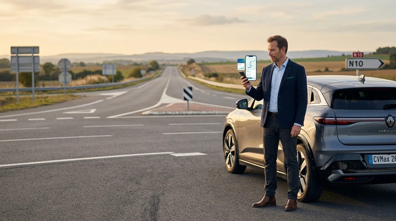 Convoyeur automobile en blazer bleu marine debout pres d'une berline moderne a un carrefour de route de campagne, smartphone affichant une application de missions a la main, horizon degage, illustration de l'avis Captain Driver 2026