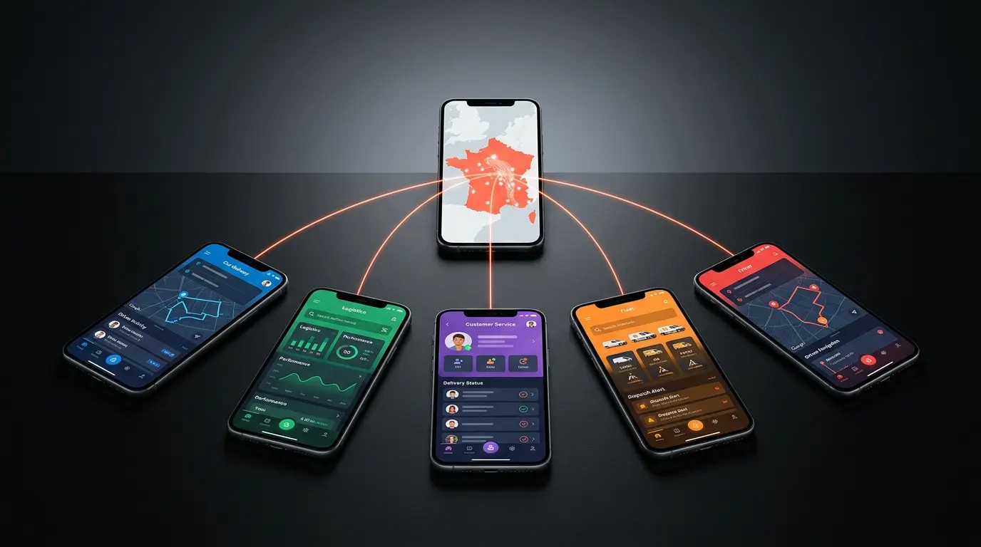 Comparaison visuelle des cinq plateformes de convoyage DriiveMe, Hiflow, Pop Valet, Otoqi et MyExpressDriver sur smartphone