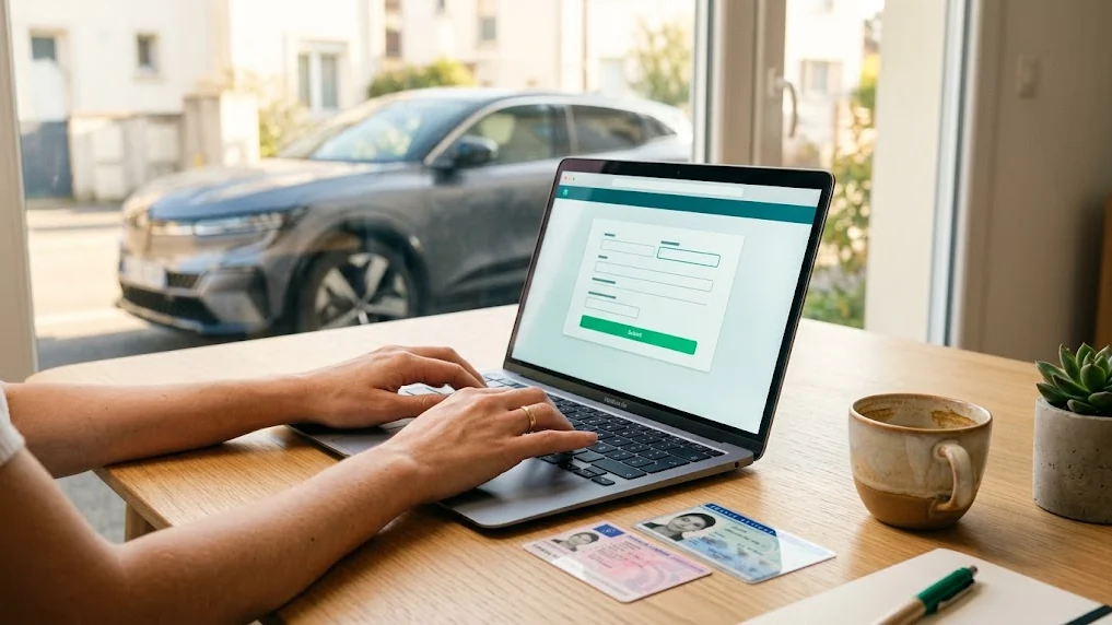 Mains sur un ordinateur portable remplissant un formulaire d'inscription sur une plateforme de convoyage, pièce d'identité posée sur le bureau, véhicule visible par la fenêtre