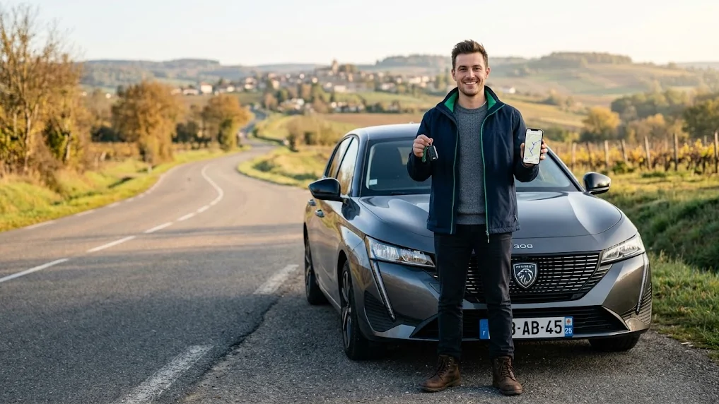 Convoyeur automobile souriant et confiant en veste sombre, debout près d'un SUV gris moderne sur une route de campagne bordée de vignes, lumière douce, premier jour de mission