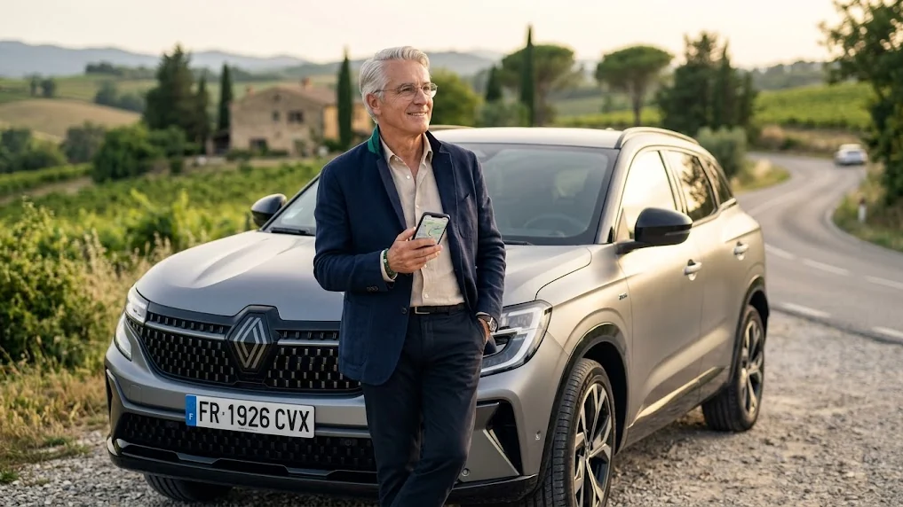 Convoyeur automobile senior aux cheveux gris en blazer bleu marine, détendu près d'une berline beige moderne sur une route de campagne ensoleillée, café à la main