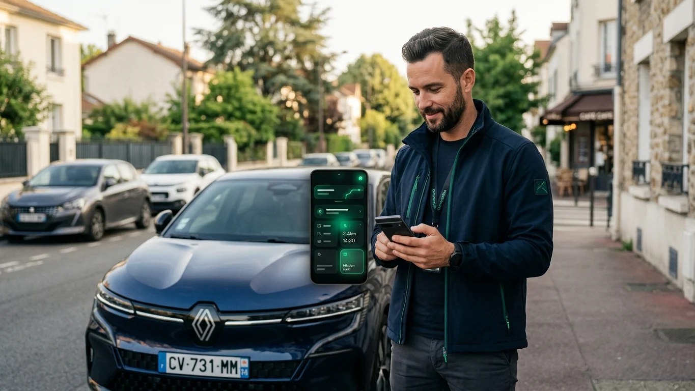Convoyeur automobile en veste ConvoyMax utilisant l'application sur son smartphone, cockpit affichant une mission en cours, près d'une berline dans une rue, illustration de ConvoyMax au quotidien