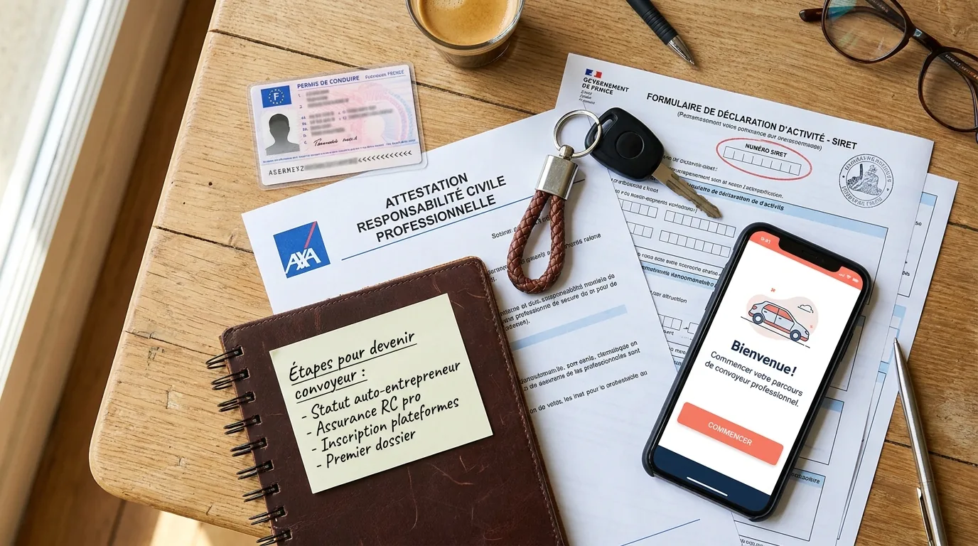 Les documents essentiels pour devenir convoyeur automobile en France, permis de conduire, attestation responsabilité civile professionnelle AXA, formulaire SIRET auto-entrepreneur, clés de véhicule et smartphone d'inscription ConvoyMax
