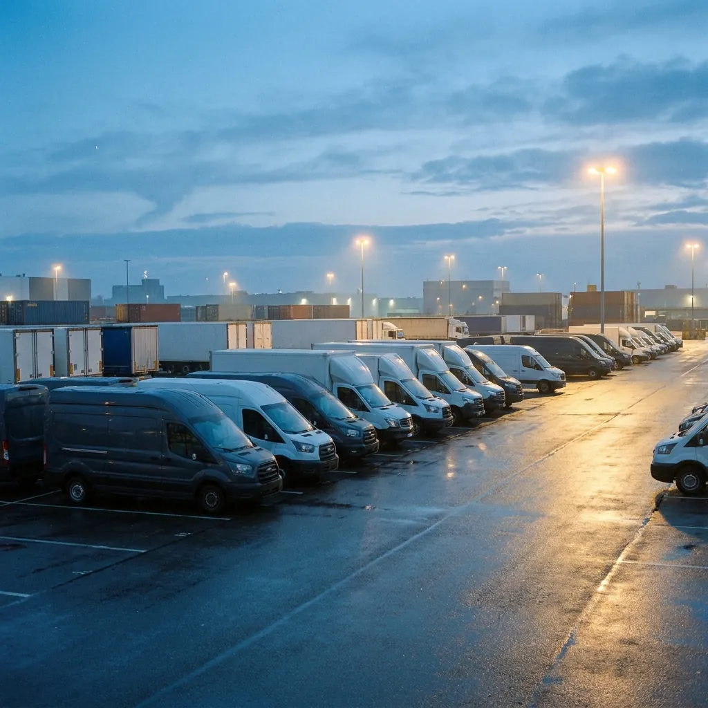 Flotte d'utilitaires légers alignés sur un parking de dépôt, point de départ des missions de convoyage en France