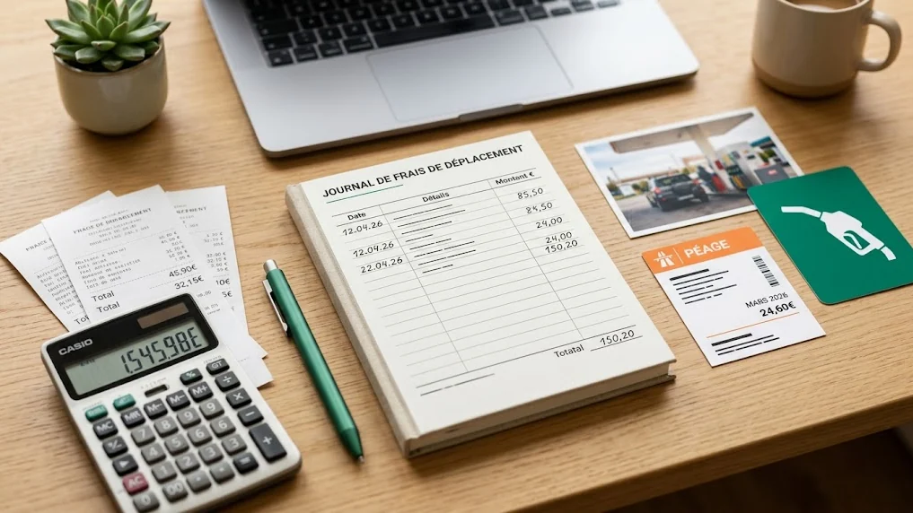 Bureau de convoyeur automobile avec calculatrice, reçus et factures, carte carburant et classeur de justificatifs, illustration des frais déductibles de l'activité