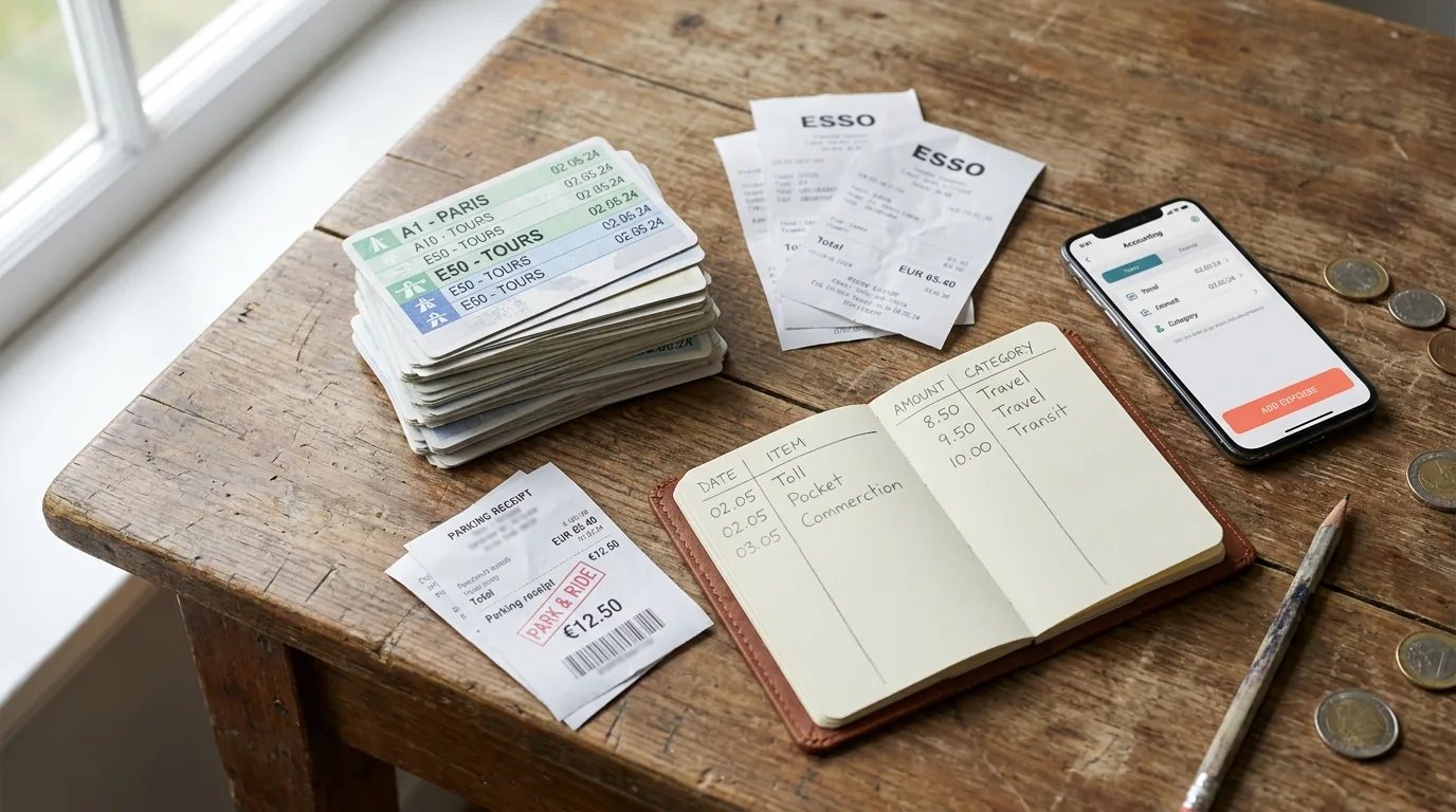 Flat lay des frais professionnels du convoyeur avec tickets péages empilés, reçus carburant et notebook comptable catégorisé