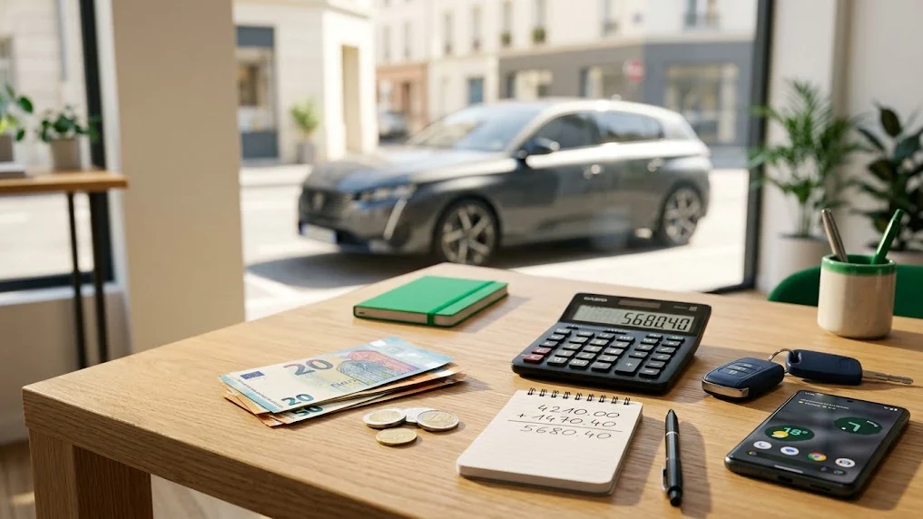 Bureau avec calculatrice, billets et pièces en euros, carnet et smartphone, véhicule visible par la fenêtre, illustration du calcul du gain net réel d'une mission de convoyage