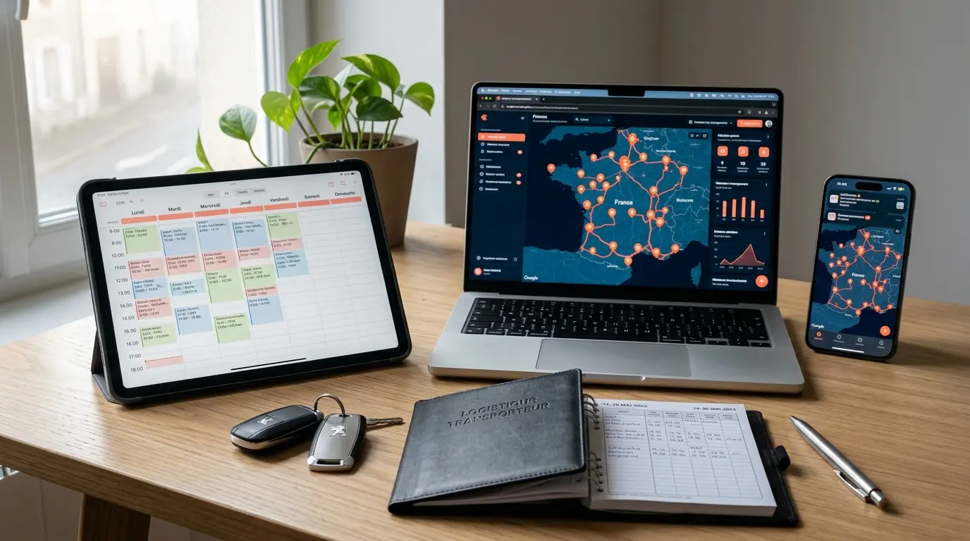 Espace de travail d'un convoyeur professionnel avec tablette affichant une carte de France, macbook et smartphone pour la gestion des missions
