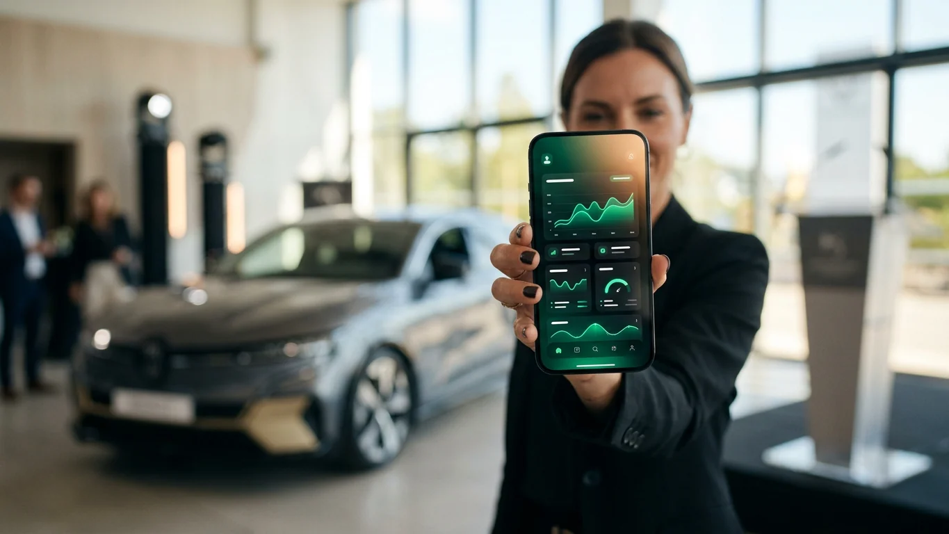 Convoyeuse automobile présentant un smartphone qui affiche un tableau de bord d'application moderne, véhicule en arrière-plan dans un showroom, illustration du classement des applications convoyeur