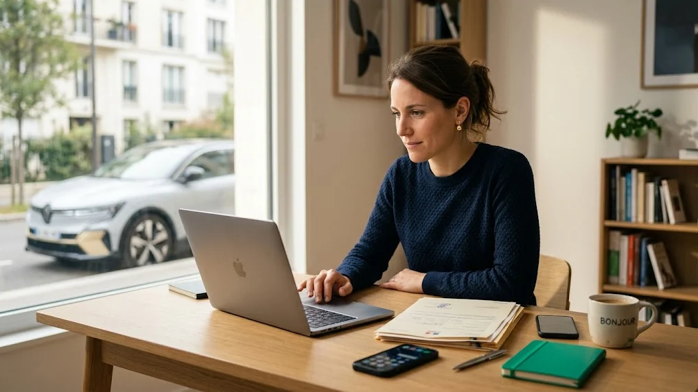 Convoyeuse automobile concentrée à son bureau avec ordinateur portable et carnets, en train de créer sa micro-entreprise, bureau à domicile lumineux