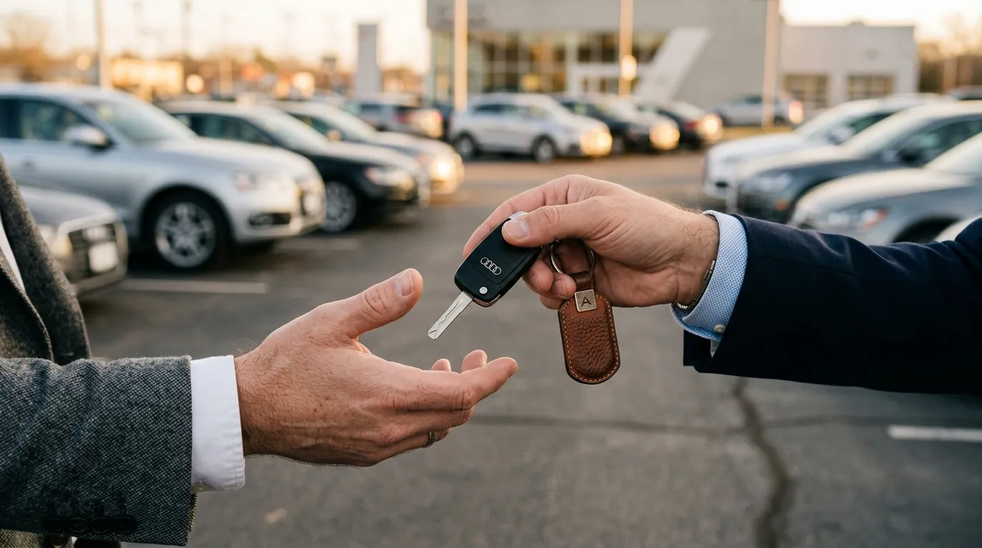 Remise des clés d'un véhicule premium entre un client et un convoyeur automobile sur un parking de concession
