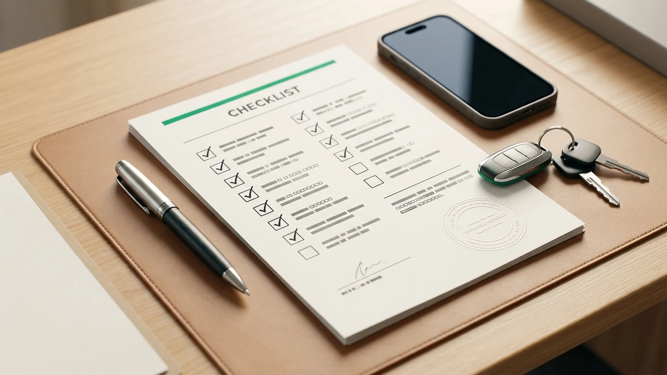 Document liste de contrôle aux cases cochées posé sur un bureau en bois avec smartphone, clés de voiture et stylo, illustration des obligations légales du convoyeur indépendant