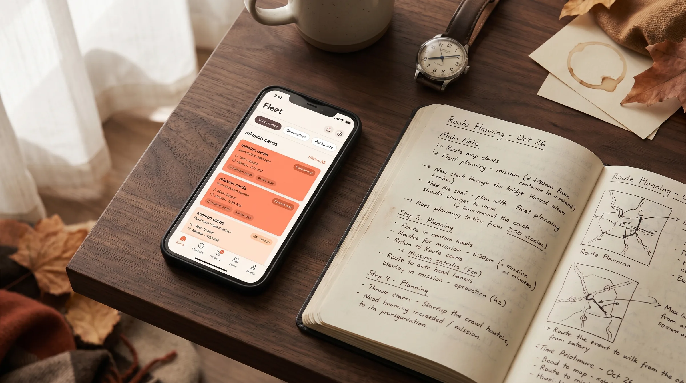 Flat lay de planification de tournées Hiflow avec smartphone affichant les missions, notebook de routage manuscrit et café sur bureau en bois