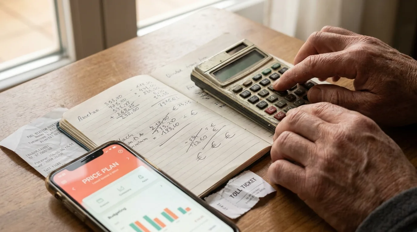 Mains de convoyeur calculant son prix plancher de mission avec notebook de calculs et smartphone application ConvoyMax