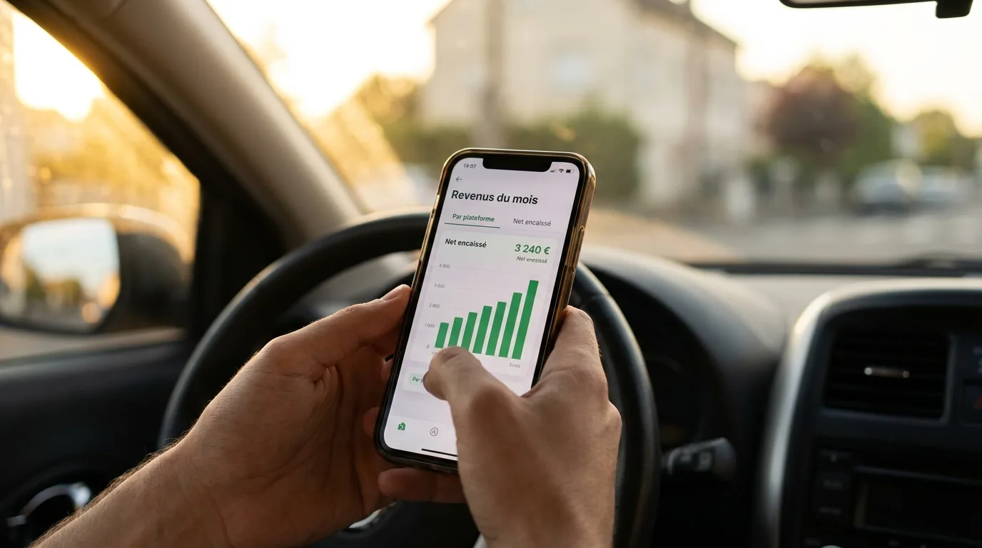 Convoyeur au volant consultant son tableau de bord de revenus mensuel sur l'application ConvoyMax au coucher du soleil