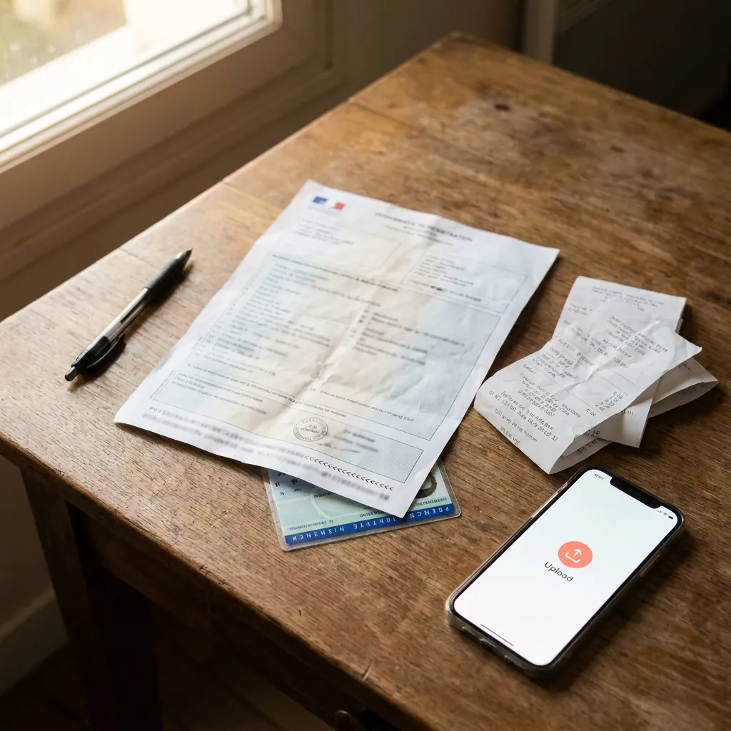 Documents fiscaux et smartphone sur un bureau en bois pour la gestion de la TVA d'un convoyeur auto-entrepreneur