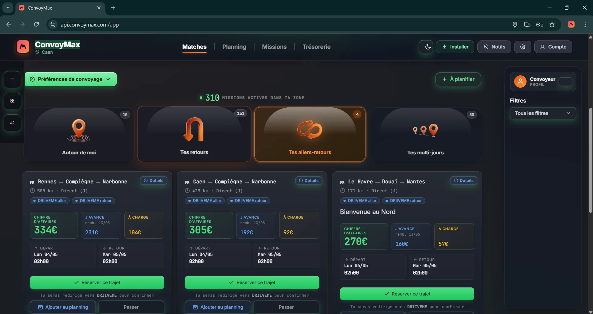 Vue Matches du cockpit desktop : paires aller-retour matchées avec prix et rentabilité