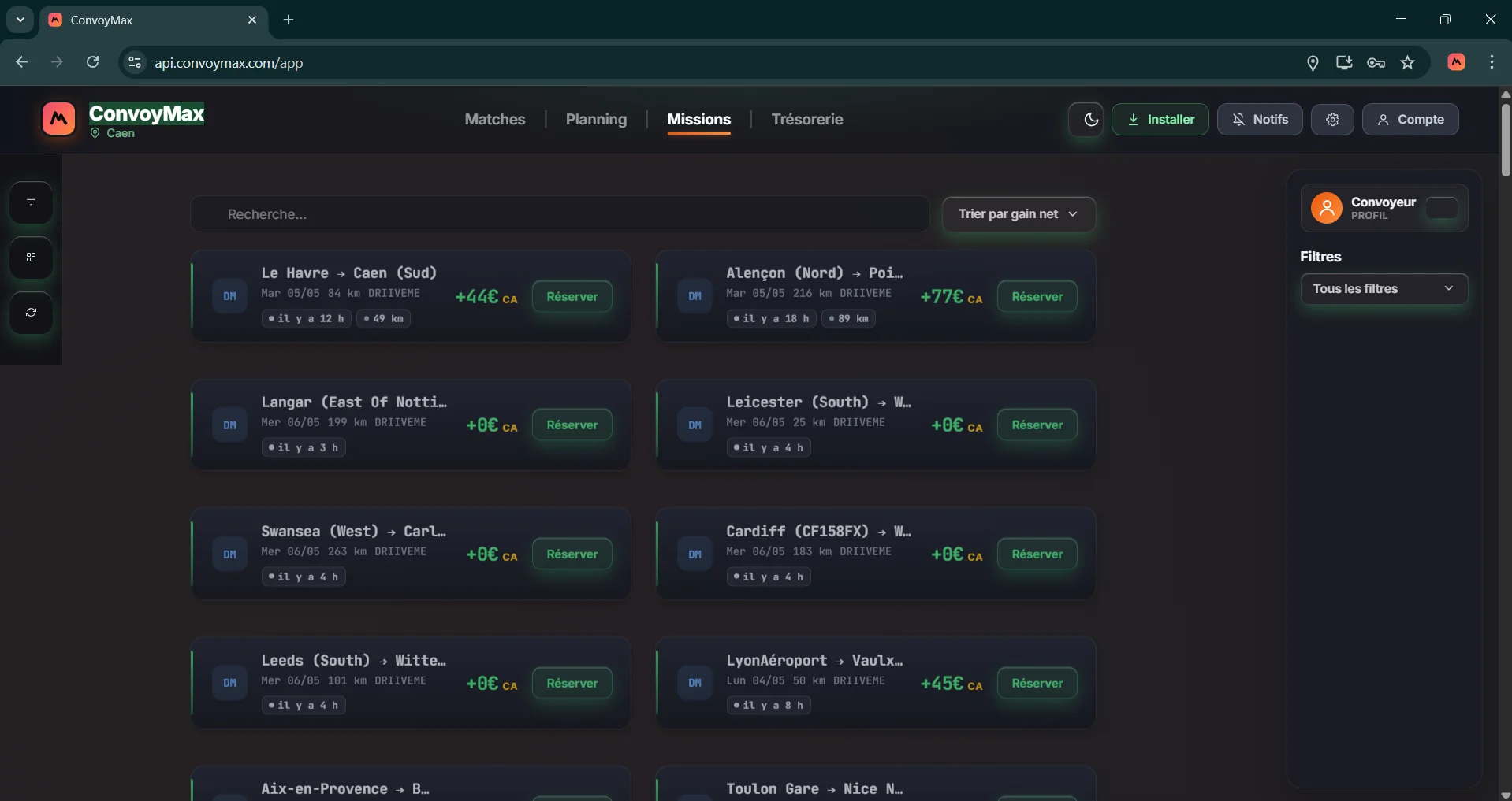 Vue Missions du cockpit desktop : liste agrégée multi-plateformes avec filtres avancés