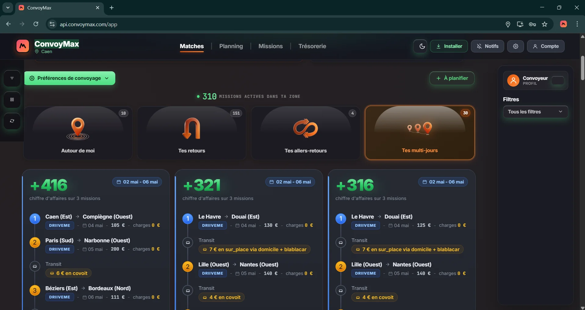 Vue Multi-jours du cockpit desktop : 3 tournées de plusieurs missions enchaînées avec chiffre d'affaires et transitions