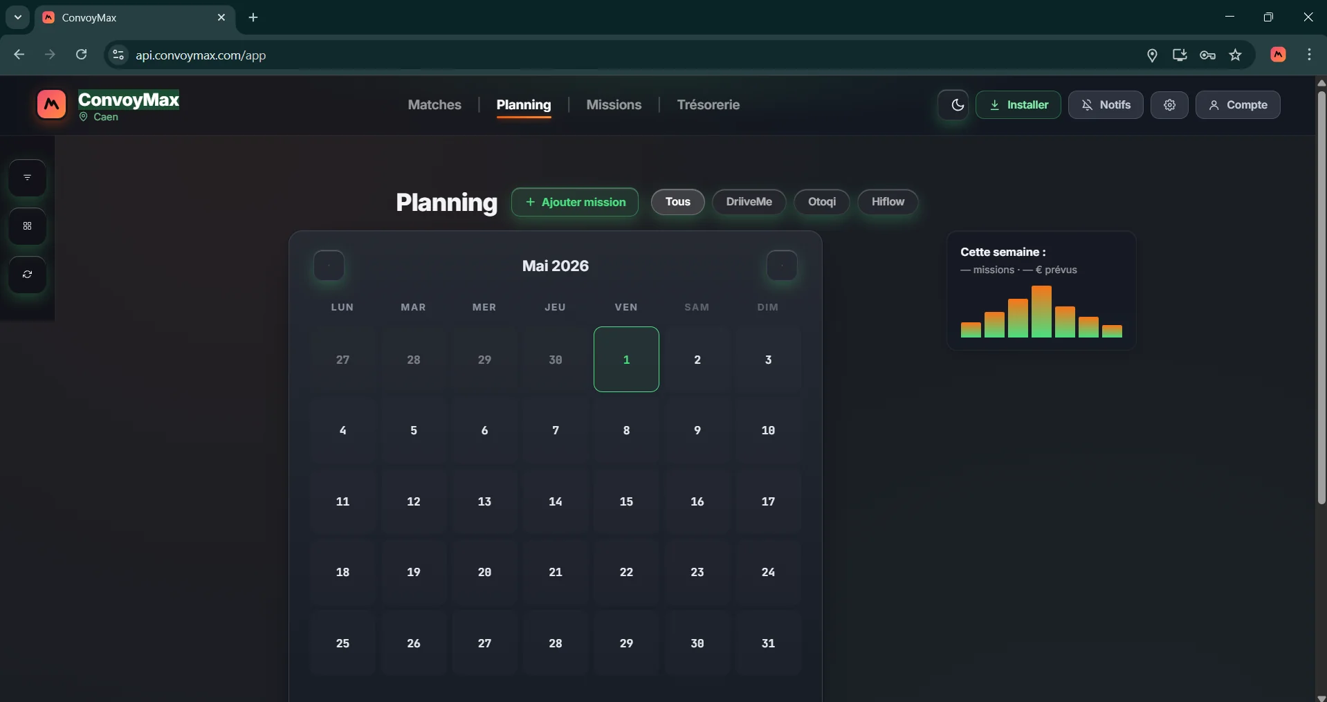 Vue Planning du cockpit desktop : calendrier mensuel avec missions et jours bloqués