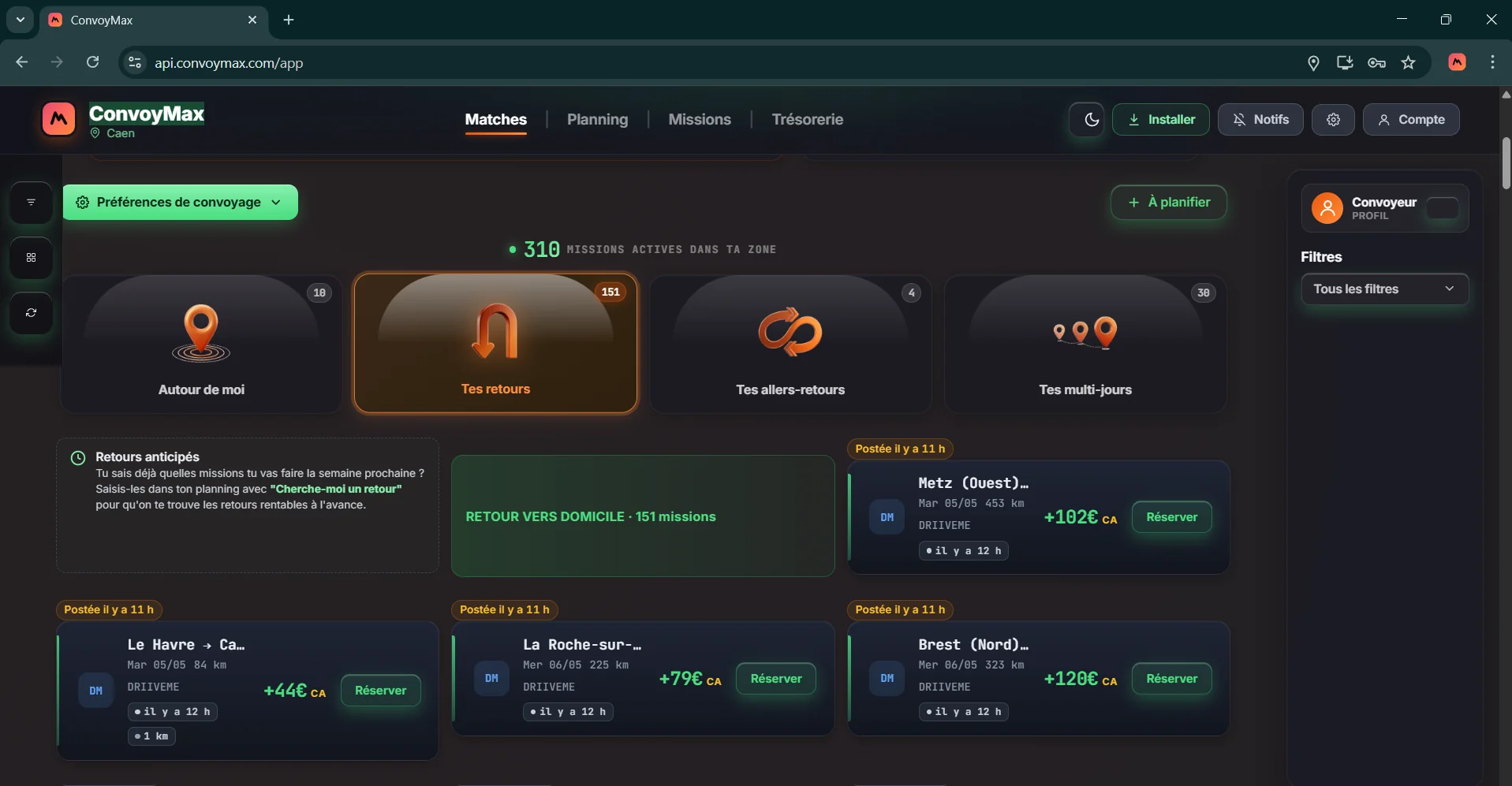 Vue Retours du cockpit desktop : missions retour boostées avec flamme et écart vs prix moyen
