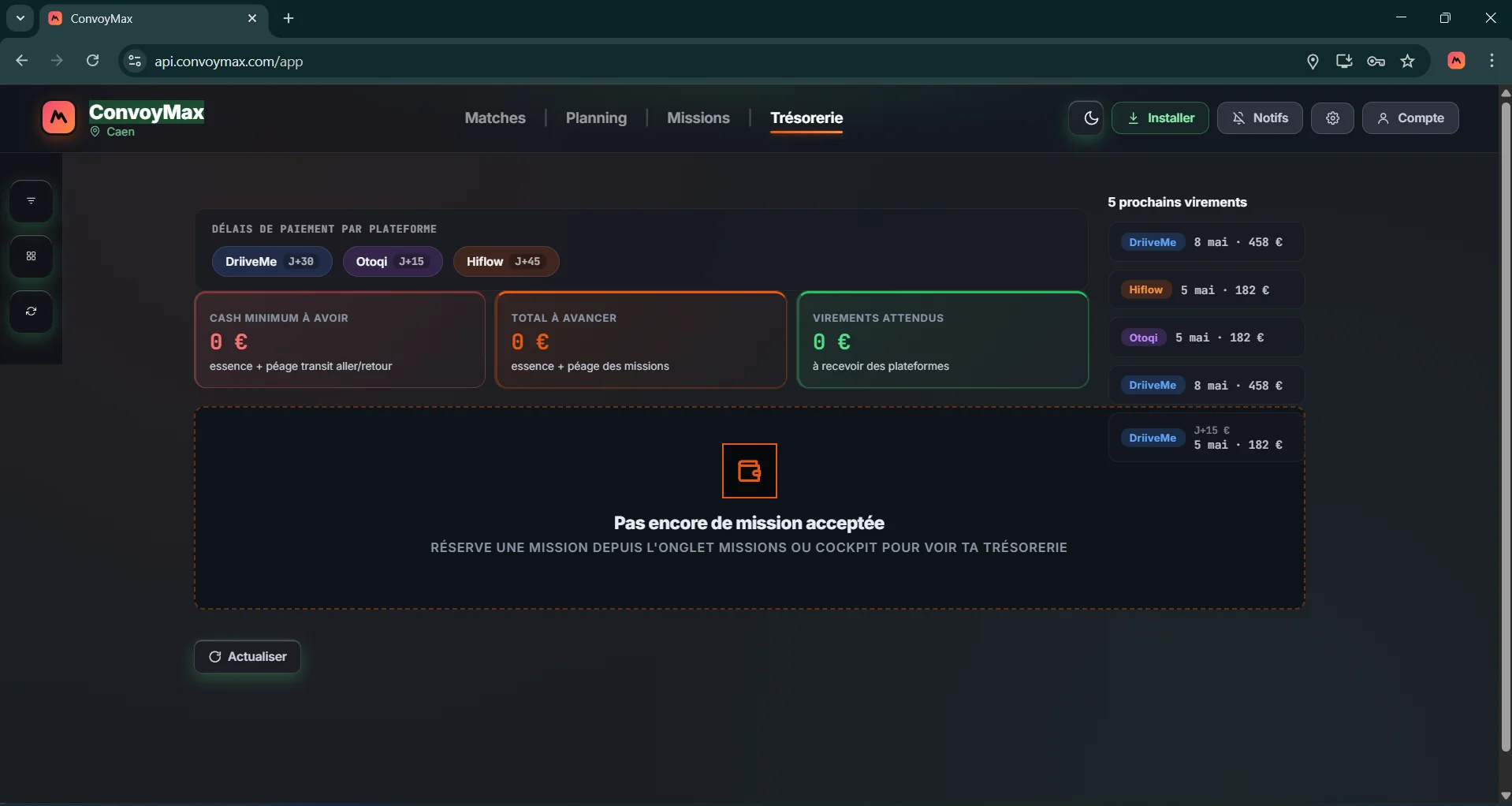 Vue Trésorerie du cockpit desktop : KPIs cash, avances en cours, virements attendus