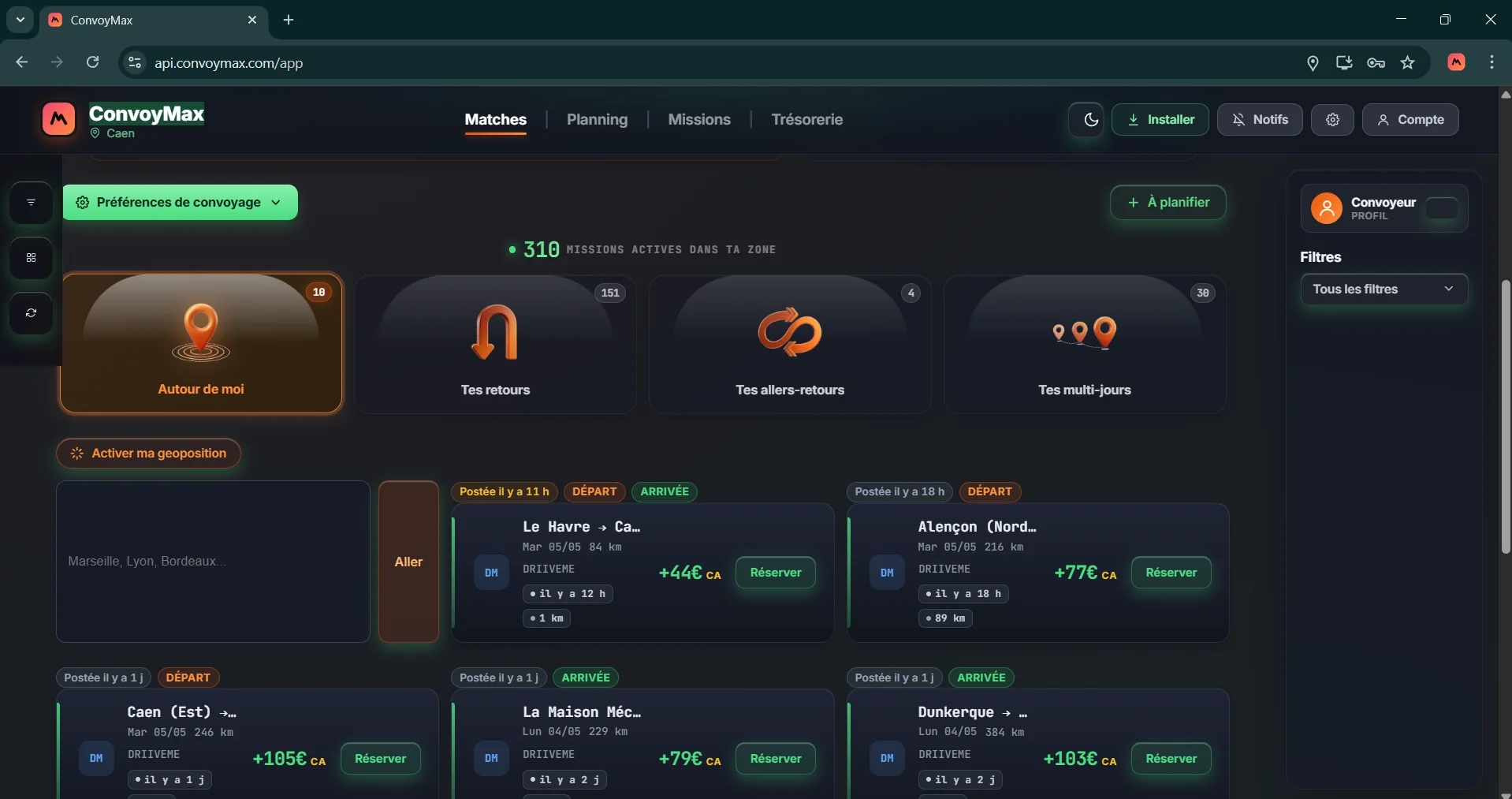 Vue d'ensemble du cockpit desktop : KPIs gain net, bar chart revenu, missions à venir
