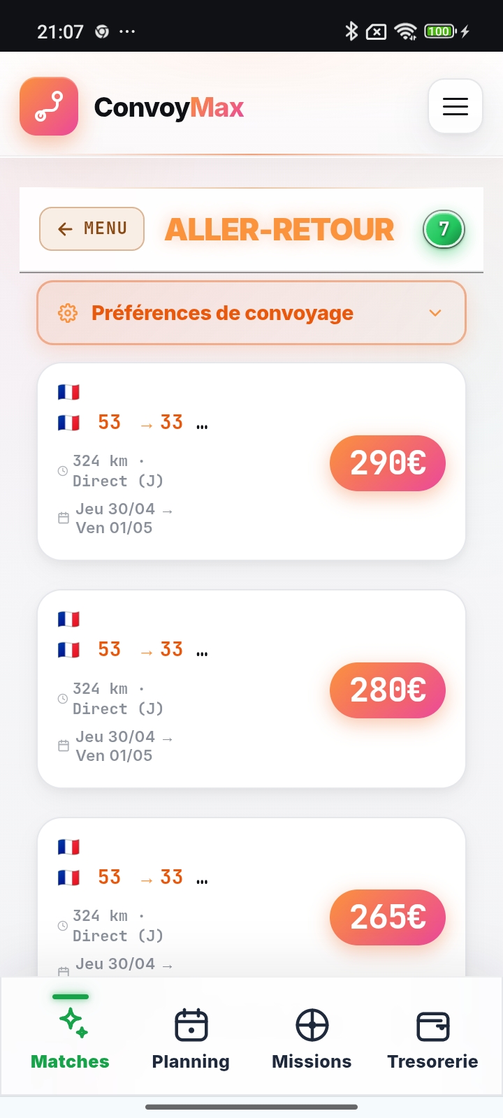 Bucket Aller-retour avec 7 paires de missions matchees