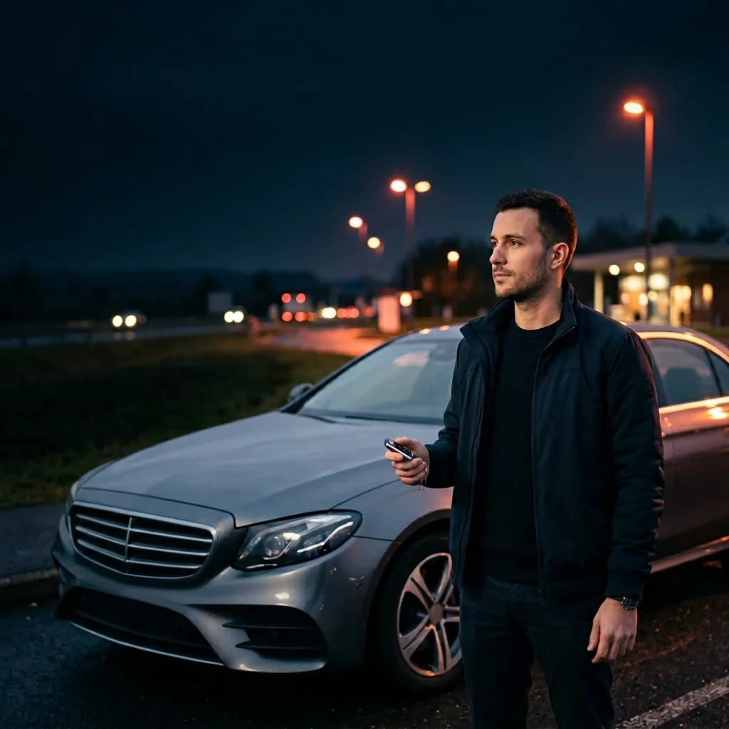Convoyeur automobile indépendant debout près de sa berline sur une aire d'autoroute la nuit, prêt à partir en mission de convoyage
