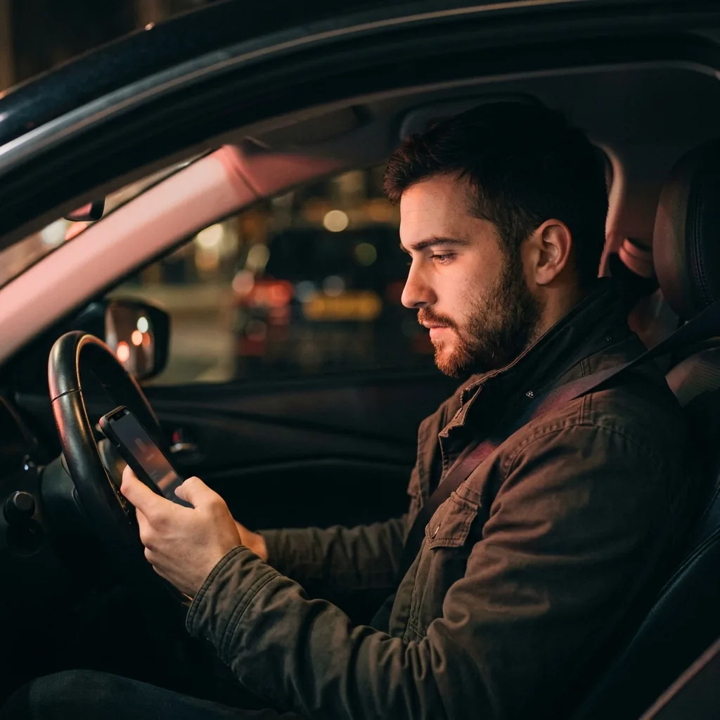 Convoyeur indépendant dans sa voiture la nuit, smartphone en main pour gérer ses missions et démarrer son activité de convoyage