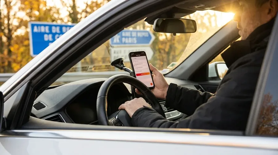 Convoyeur démarrant sa journée à Paris avec son smartphone et l'application ConvoyMax