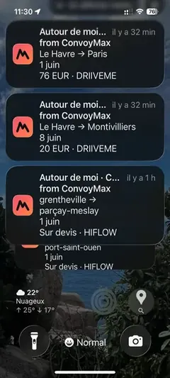 Notifications push ConvoyMax sur écran iPhone, alertes Autour de moi Le Havre Paris 76 EUR DriiveMe et grentheville parçay-meslay sur devis Hiflow