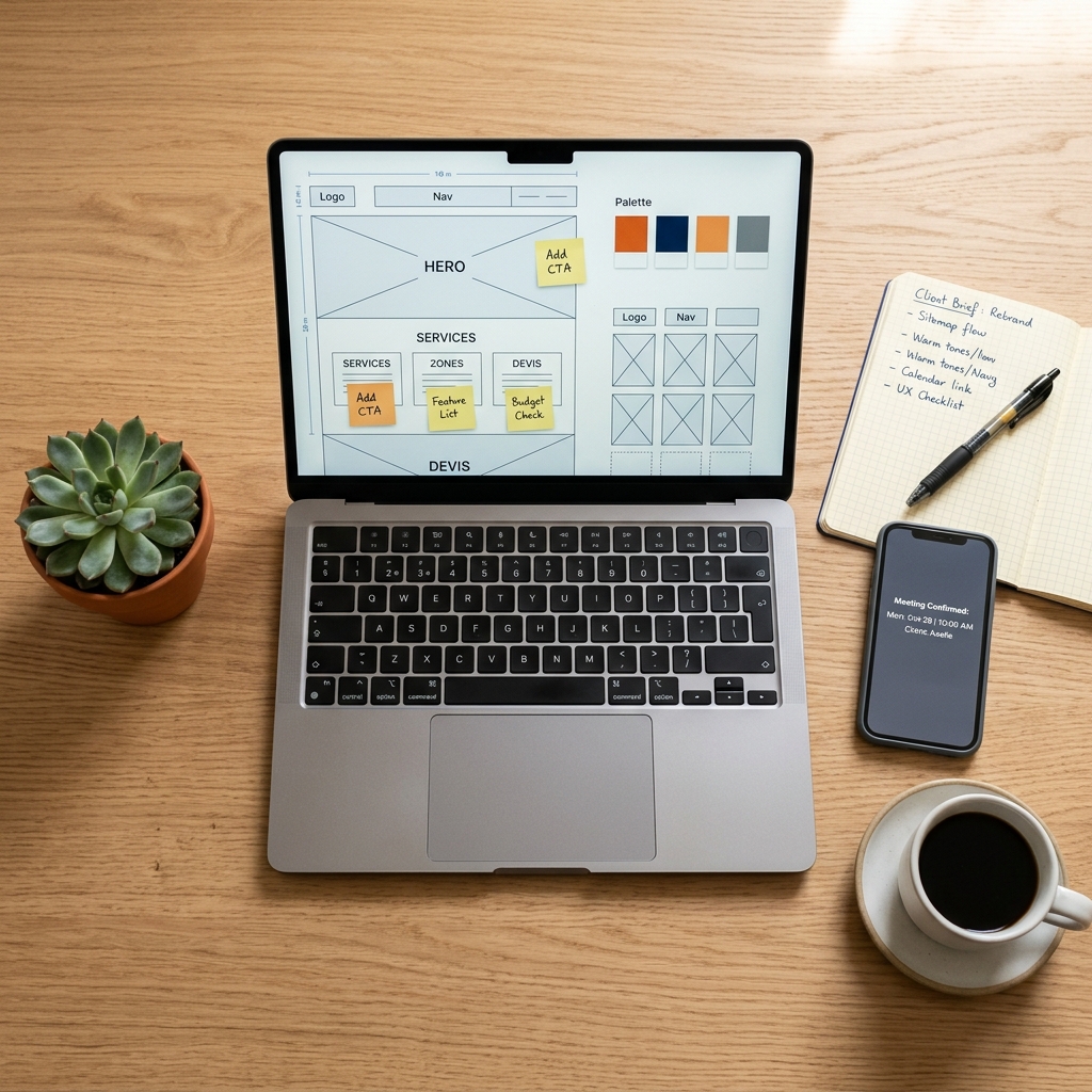 Vue overhead d un bureau de creation avec laptop affichant un wireframe de site convoyeur, notebook de brief client avec sitemap et palette de couleurs, smartphone confirmant un rendez-vous Calendly