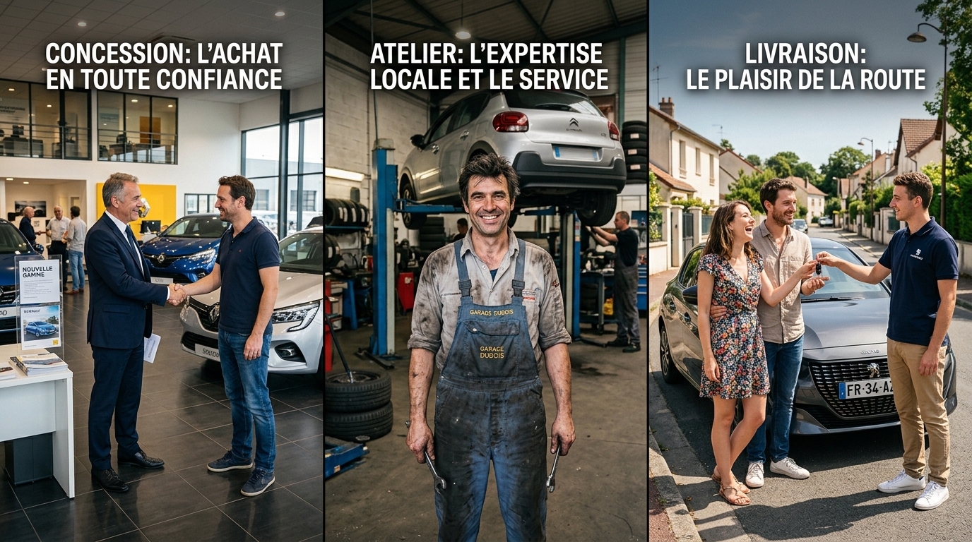 Triptyque editorial montrant les 3 cibles d un convoyeur independant : concessionnaire qui serre la main d un commercial, mecanicien dans son atelier, jeune couple recevant les cles d une voiture livree